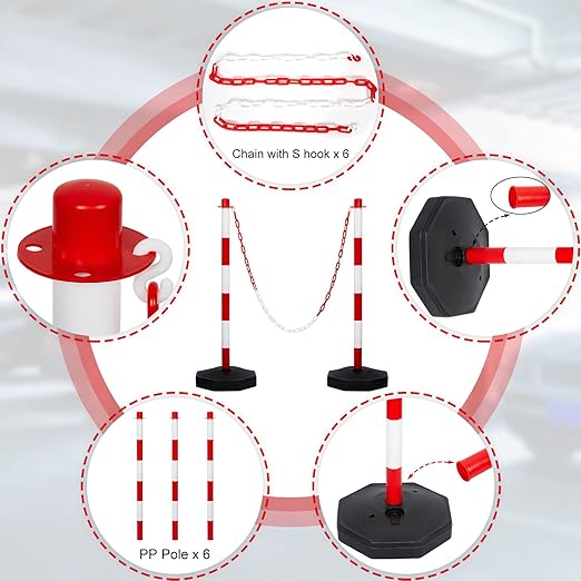 Amylove 9 Packs Traffic Delineator Post Cone with Base, Traffic Cones Safety Cones Caution Cones Plastic Stanchion Chain Safety Barriers with 6.6 Feet Link Chain and S Hooks for Parking Lot (Red)