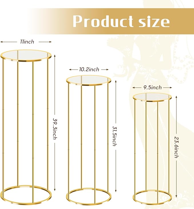 3PCS Gold Metal Cylinder Pedestal Stands - Round Plant Display Columns for Party Decor, Floral Arrangements, Vase Displays, Birthday Wedding Backdrop Decorations