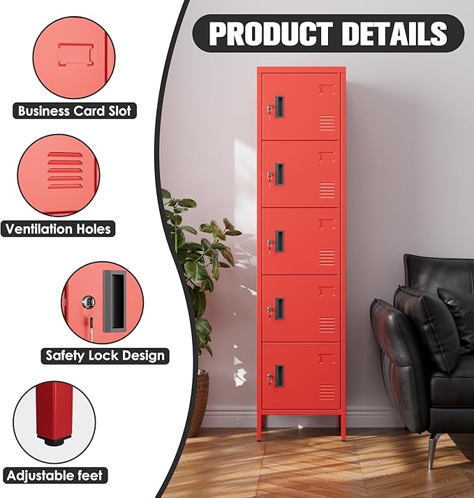 Aobabo 16" W 5 Door Metal Storage Locker with Lock, 66" H Steel Locker with Name Card Holder and Metal Leg for School, Home, Office, Playroom, Assembly Required, Red