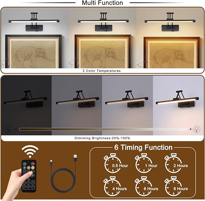 Battery Operated Picture Light with Remote 16” Black Art Light for Painting Dimmable & Timer Wireless Gallery Lights 3CCT Frame lighting Rechargeable Wall Lights for Artwork Potrait Dartboard