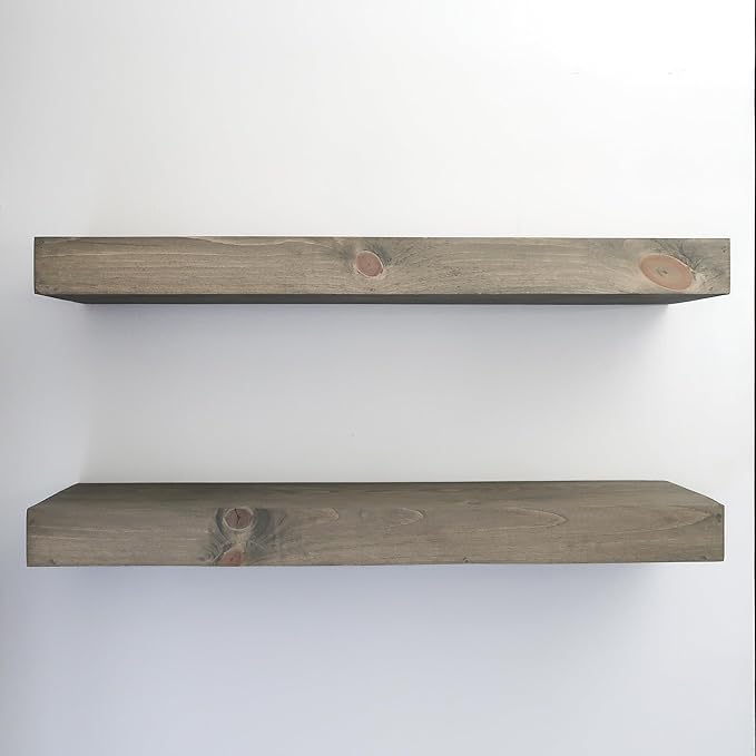 Urbandi Modern Floating Shelves 3 Inches Thick for Wall, Wide Shelves for Kitchen, Living Room, Bedroom, and Bathroom, Natural Pine Wood, Rustic Wooden Shelf, (Set of 2) (Aged Barrel, 24Lx3Hx8D)