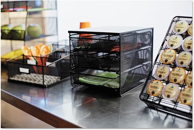 Safco Onyx Hospitality Organizer, 3 Drawers, For Snacks, Coffee Pods, Sugar Sweetener, Stirrer, Napkins and More, Steel Mesh, Black