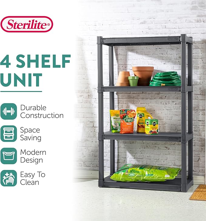 STERILITE 01643V01 4 Shelf Durable Solid Surface Shelving Unit, Flat Grey