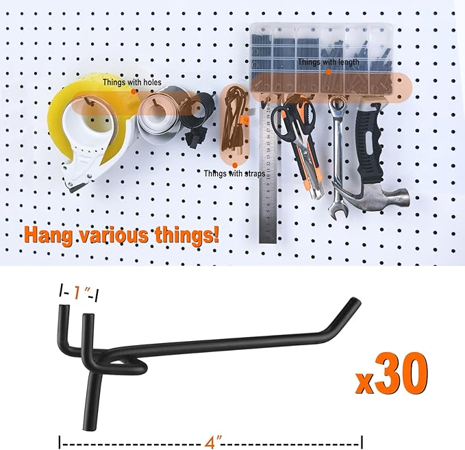 G.CORE Pegboard Hooks Accessories - 30pcs 4inch Metal Peg Board Tool Hangers, Fits 1/8 1/4 Pegs Slots, Pegboard Wall Organizer Shelving Racks, Hanging Display Storage Holders for Garage Craft Office