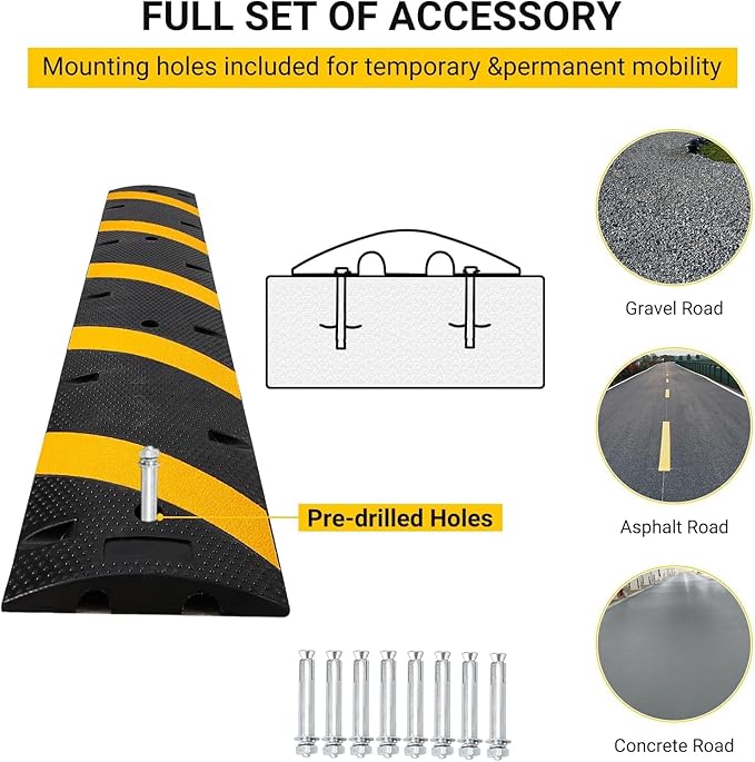 6 FT Heavy Duty Rubber Speed Bump 4-Pack, Driveway Cable Protector Ramp with Installation Bolts for Parking Lots, Garage & Gravel Roads