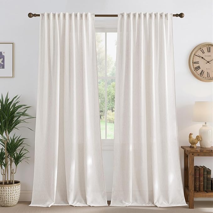 NICETOWN Thick Linen Cream Curtains 84 inches Long 2 Panels Set, Pleat Tape Semi Sheer Privacy Added with Light Filtering Window Treatments for Living Room/Bedroom, W52 x L84