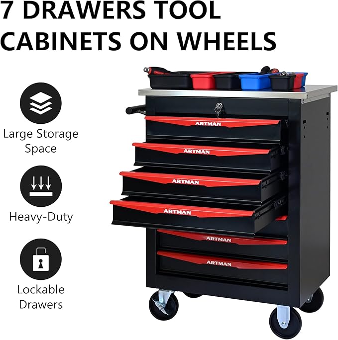 7 Drawer Rolling Tool Chest with Locker, 22.2" D Metal Movable Lockable Tool Cart Box Multi-Functional Hardware Storage Cabinet Box for Warehouse Basement Home Pantry Garage