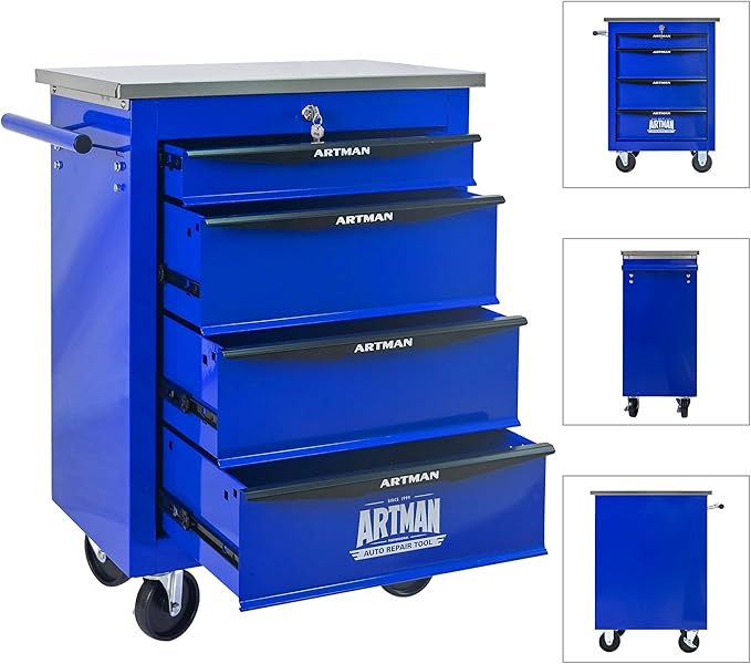 4 Drawer Rolling Tool Chest with Locker, 22.2" D Metal Movable Lockable Tool Cart Box Multi-Functional Hardware Storage Cabinet Box for Warehouse Basement Home Pantry Garage