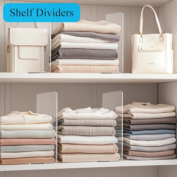 Acrylic Shelf Dividers for Closet Organization: 12" Tall x 10" Deep Closet Shelf Divider for Clothes Purse Sweater - Free Standing Clear Separators for Shelves, 5Pack