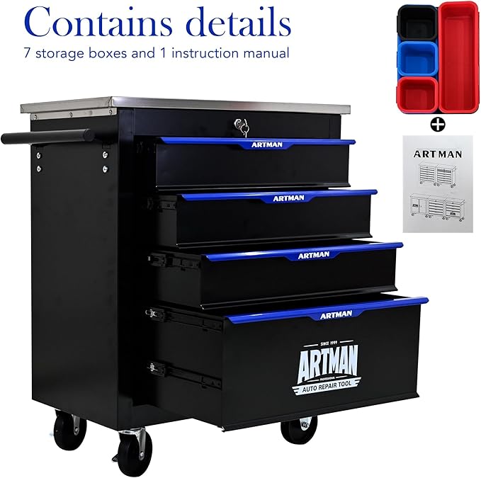 4-Drawer Heavy-Duty Rolling Steel Tool Cart with Handle&Wheels, Metal Storage Organizer Cabinet, Tool Chest for Efficient Tool Storage in Garage, Warehouse, Workshop, Repair Shop, Blue