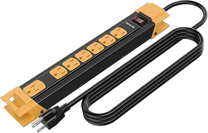 Oviitech Heavy Duty Power Strip Surge Protector with 15A, 7 Outlets Metal Multiple 900 Joules Industrial Shop Workshop 6FT Extension Cord, Yellow&Black