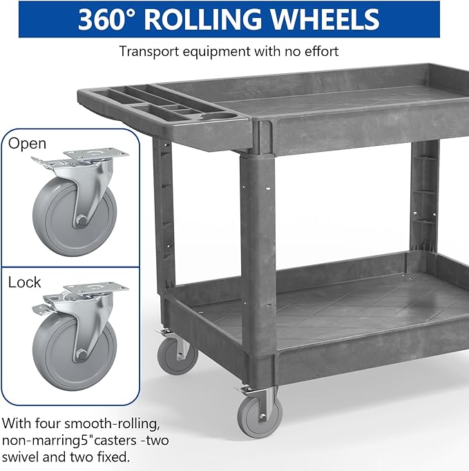 550LBS Utility Cart, 2-Tier 46x25 Inch Utility Cart with Wheels,Heavy Duty Service Cart-Lipped Shelves,Ergonomic Storage Handle and Swivel Wheels for Warehouse, Garage, Cleaning,Gray