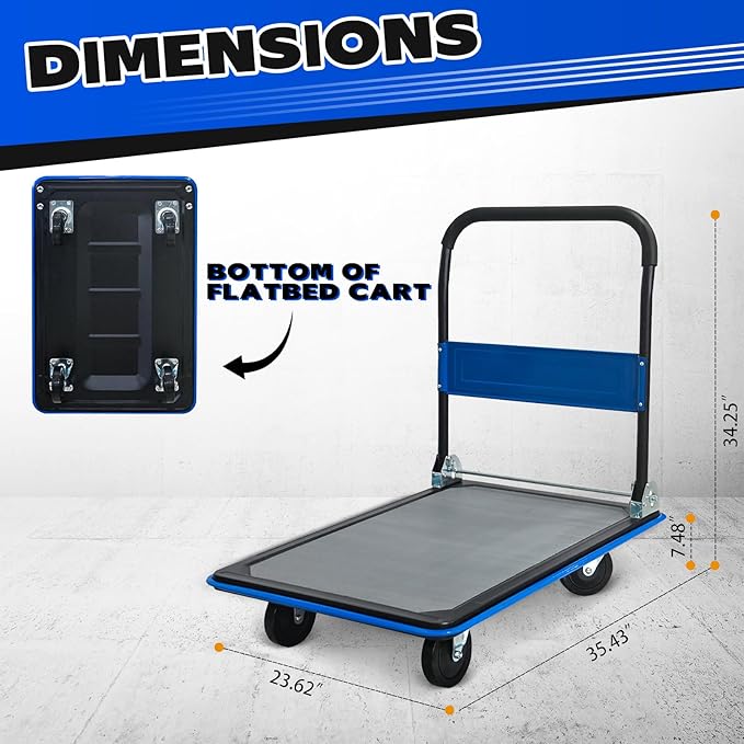 660lbs Large Size Heavy Duty Blue Flatbed Cart, Foldable Steel Platform Dolly with 360° Swivel Wheels, Silent Utility Push Hand Truck for Warehouse & Home