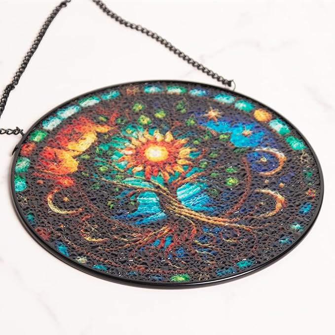 Tree of Life Stained Glass Window Hanging,7.87 Inch Sun Catcher Indoor Window Decorations Panel,Decor for Home,Garden,Festival,Mother’s Day,Housewarming Gift for Mom