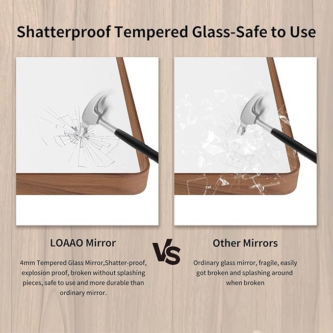 LOAAO 60X30 Inch Bathroom Mirror with Wood Grain Colored Metal Frame, Rounded Rectangle Metal Framed Bathroom Mirror, Anti-Rust, Hangs Horizontally or Vertically, Tempered Glass