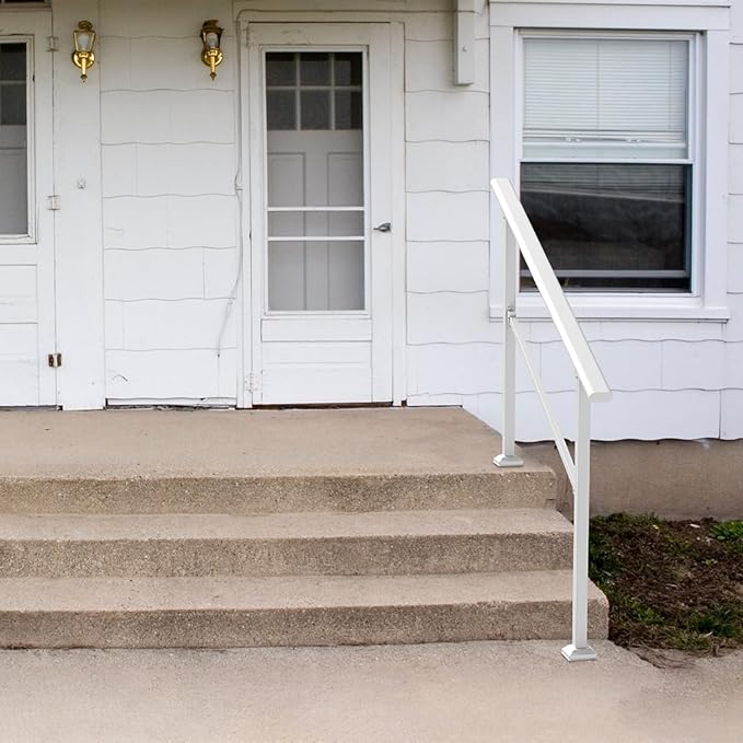 Metty Metal Handrails for Outdoor Steps Suitable for 1 to 5 Steps- Wrought Iron Stair Railing- Step Steady with 5 Feet Handrailing- Safe Indoor Home Banisters (White-Straight, 5 Step)