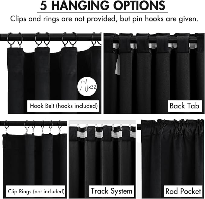 MIULEE Velvet Curtains 96 Inches Long 2 Panels Set for Bedroom, Pinch Pleat Back Tab Halloween Thermal Insulated Living Room Darkening Drapes Pleated Blackout Floor to Ceiling Curtain with Hooks Black