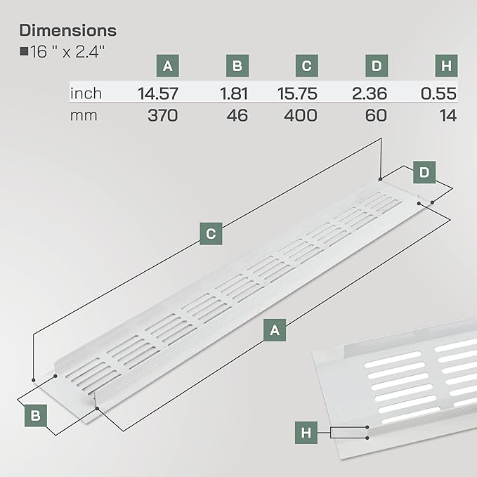 Vent Systems 15.75 x 2.36 (Outer Size) Air Supply Ventilation Grille - White Aluminum Rectangle Intake/Exhaust Door Vent Deflector - HVAC for Home Improvement Floor, Wall Duct Cover