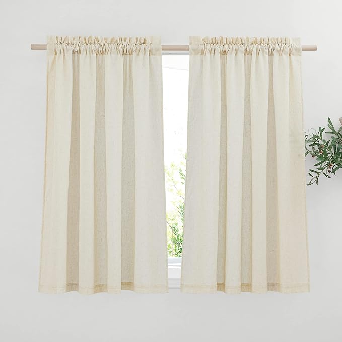 NICETOWN Kitchen Window Curtains 45 inch Long, Linen Texture Rod Pocket Rustic Privacy Drapes Semi Sheer with Light Filtering for Basement/Bathroom, Off White, W55 x L45, 2 Panels