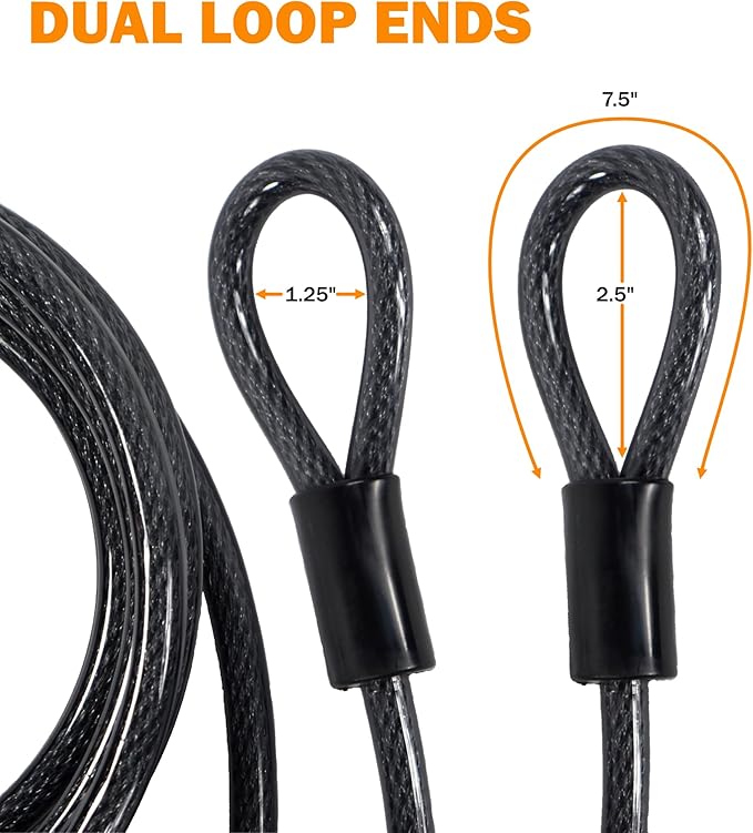 Lumintrail 12mm (1/2 inch) Heavy-Duty Security Cable, Vinyl Coated Braided Steel with Sealed Looped Ends (4', 7', 10', 15' or 30') (15-FT)