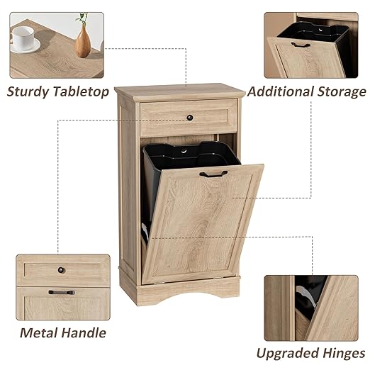 13 Gallons Tilt Out Trash Cabinet Freestanding Kitchen Trash Bin Cabinet Wood Garbage Recycling Cabinet with Hideaway Drawer Pet Proof Trash Can Holder for Kitchen Living Room, Light Wood