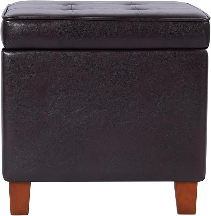 HomePop Leatherette Tufted Square Storage Ottoman with Hinged Lid, Brown Small
