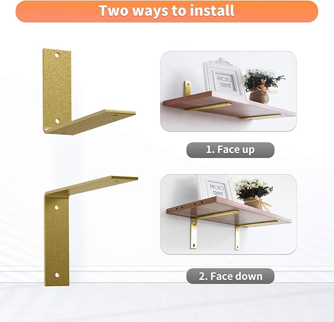 Gold Heavy Duty Shelf Brackets 8 Inch, Extra Thick L Shelving Brackets, Rustic Gold Iron Floating Shelves Wall Mounted with Hardware for DIY Open Shelving, 4 Pack
