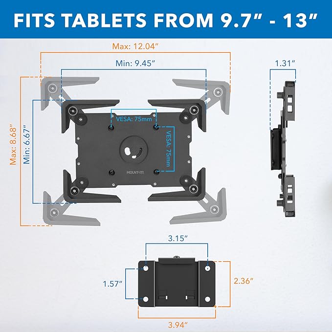 Mount-It! Universal Tablet Wall Mount, Anti-Theft iPad Mount, Enclosure Fits Tablets from 9.7" to 13" Screen Size, Flush Wall Mounting Kiosk, Durable Steel Design, Black