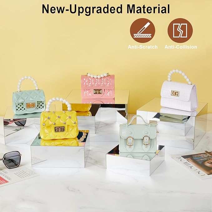 Acrylic Risers for Display 5 Pcs, Food Risers for Party Silver Display Stands Box Nesting Display for Jewelry Bag Cosmetics Catering Dessert Collectibles