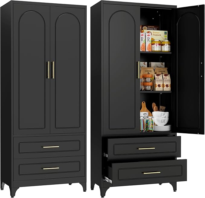 Metal Kitchen Pantry Storage Cabinet with 2 Drawers，75Inch Black Food Pantry Cabinets for Kitchen with 2 Adjustable Shelves，Tall Storage Cupboard for Living Room, Dining Room Office