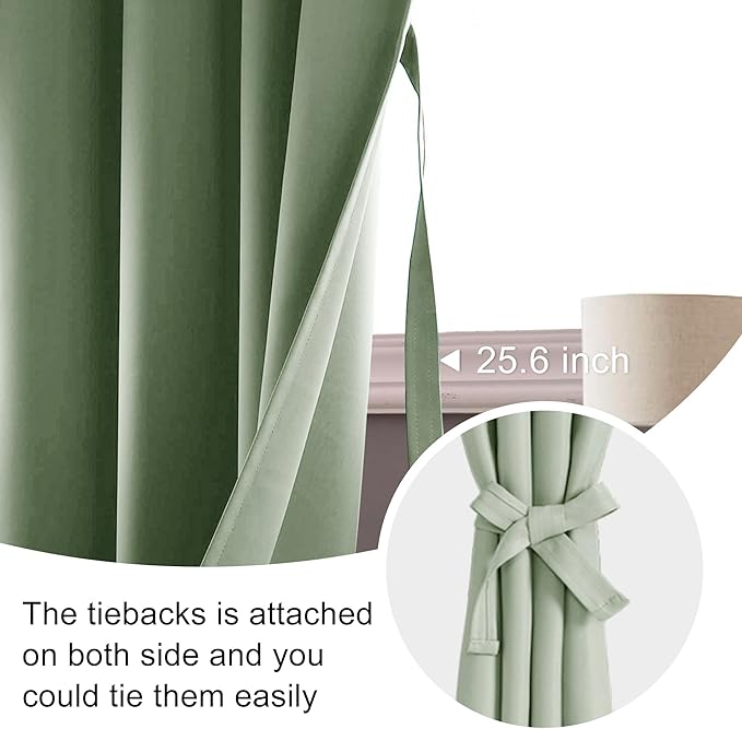 JIUZHEN Blackout Curtains for Bedroom - 70 x 63 Inch Extra Wide Privacy Assured Thermal Insulated Room Darkening Sliding Door Curtains for Living Room, Set of 2 Panels with Tiebacks, Light Green