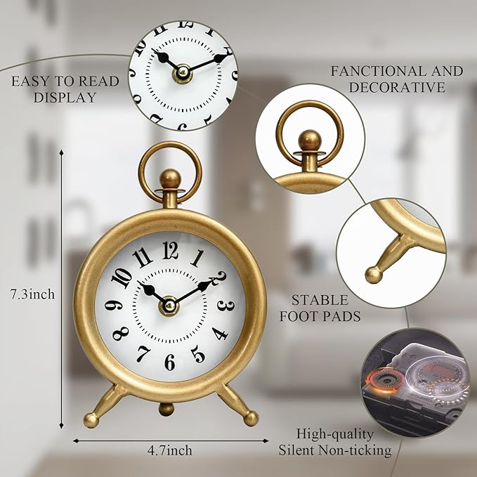 Small Gold Desk and Shelf Clock, 4.7*7.3 Inch Retro Elegant Tabletop Clock with Glass Cover, Silent Non-Ticking Battery Operated Decorative Clock for Living Room, Office, Bedroom, Gift Idea