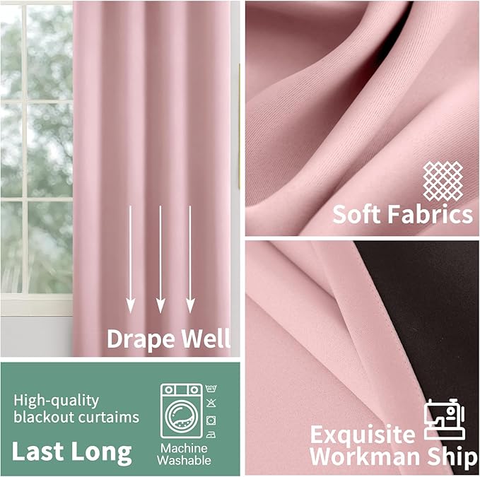 Pink Blackout Curtains for Girls Bedroom 54 Inch Length 2 Panels Set for Nursery, Thermal Insulated 100% Light Blocking Soundproof Grommet Window Curtains for Baby Room, Each 52 Inch Wide