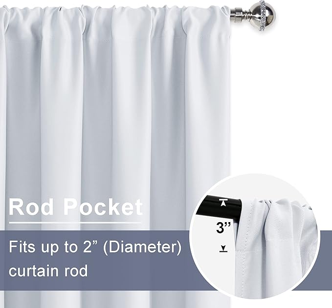 JIUZHEN Curtains for Bedroom - Thermal Insulated Window Treatment Drapes, Room Darkening Rod Pocket Curtains for Living Room, Set of 2 Panels with Tiebacks, 38 x 63 Inch Length, Greyish White