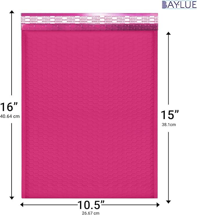 Hot Pink 10.5x16 Inch Poly Bubble Mailers #5 | Self Seal Large Padded Envelopes | Air Cushioned Bubble Mailer | Usable Size 10.5x15 Inch | Waterproof Lightweight Mailing Shipping Bags | 100 Pack Bulk