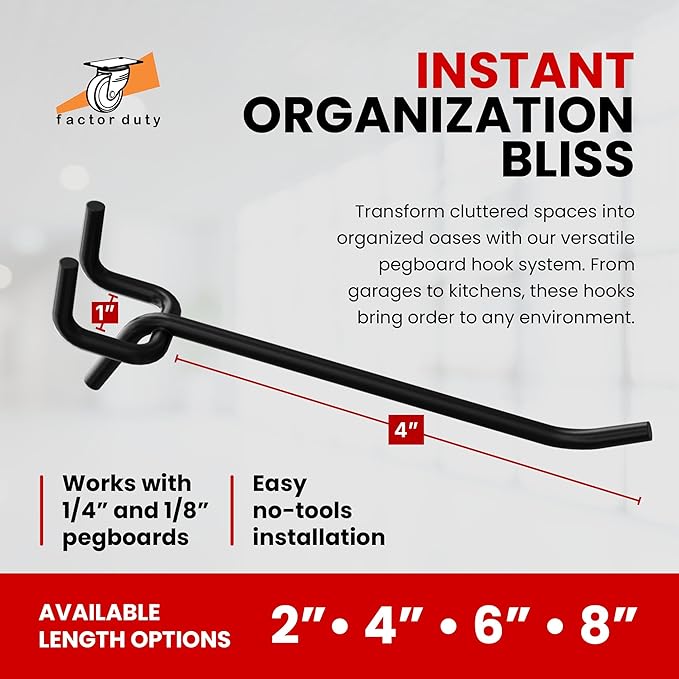 FactorDuty 4" Length Steel Black PEG Board Pegboard Shelving Hooks Wholesale Lot 20 lbs PEG Hooks Organizer Tools for Craft Storage, Garage, Kitchen, Tools and More