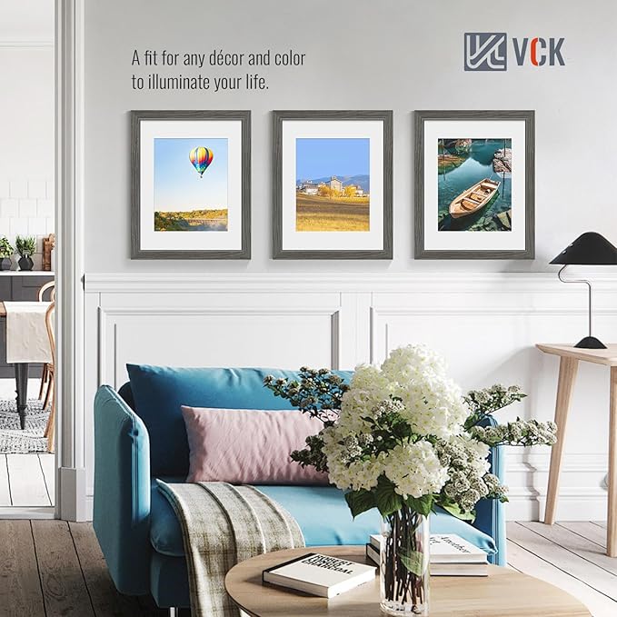 VCK 11x14 Picture Frame 2 Pack - Grey, High-End Wood Poster Frames with Tempered Glass, Display 8x10 Photo with Mat or 11x14 without Mat, Art Gallery-Quality, Wall Hanging, Grey