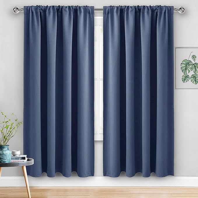 JIUZHEN Blackout Curtains for Bedroom - Thermal Insulated Room Darkening Rod Pocket Curtains for Living Room, Set of 2 Panels with Tiebacks, 60 x 72 Inch Length, Dusty Blue