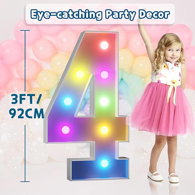 imprsv 3FT Colorful Marquee Numbers,18 Colors with Remote, Light Up Numbers 4 for 4th 40th Birthday Decorations Anniversary Party Decor, Pre-Cut Foam Board Kit, Mosaic Sign for Balloon