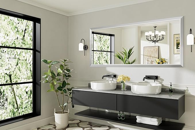 72x32 Inch Brushed Nickel Bathroom Mirror for Wall, Thick Metal Framed Rectangle Mirrors for Over Sink, Bedroom, Living Room, Entryway, Anti-Rust, HD Tempered Glass