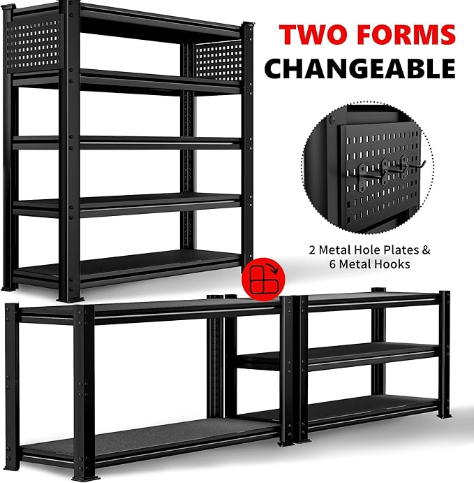 SILVEL 48.2"W Garage Shelving, 5000LBS Heavy Duty Metal Shelving, 2025 Solid Storage Shelves, 2 Side Pegboards, Industrial 5 Tier Shelves for Basement Pantry Warehouse Supermarket, 72.2" x24.2" x48.2"
