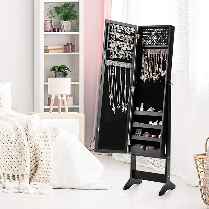 Giantex Jewelry Cabinet with Full-Length Mirror, Standing Jewelry Armoire Organizer with 64 Earring Slots, 72 Ring Slots, 20 Necklace Hooks, 4 Storage Shelves, 3 Angle Adjustable (Black)