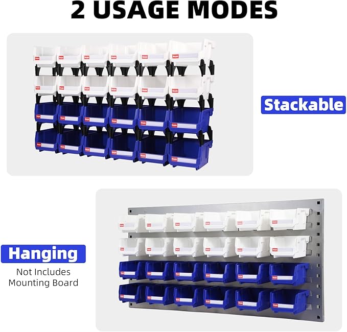 Stackable Storage Bins 24 Pack (5x4x3 Inch), Plastic Stackable Storage Organizer Bins Wall Mounted Hanging Small Parts Bin for Garage, Workbench & Office (Blue & White)