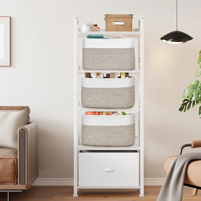 3 Pack Shelf Woven Storage Basket, 15 x 10 x 9” Closet Rope Baskets For Organizing, Square Bins with Handles, White+Rice Brown
