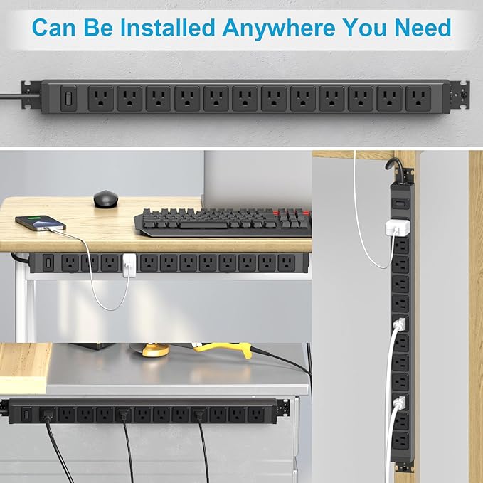 HHSOET 360° Rotating 12 Outlet Mountable Power Strip, Aluminum Alloy Power Strip Extension Cord, Heavy Duty Wall Mount Surge Protector with Switch, Works Great and Very Versatile, 3ft Power Cord.Black