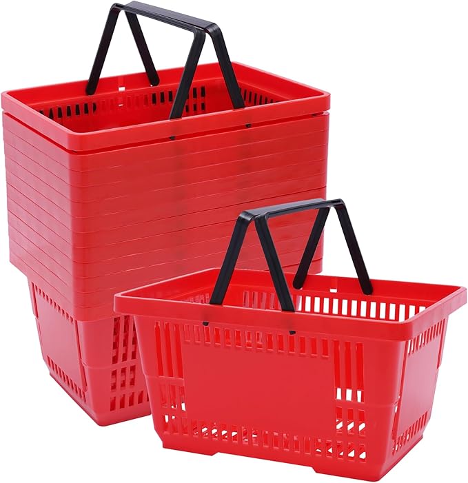 12 PCS Shopping Baskets with Handles, 18L Red Plastic Shopping Basket, Portable Grocery Basket Essential for Supermarket Retail Shop Book Store Laundry(17" x 12" x 9", Red)