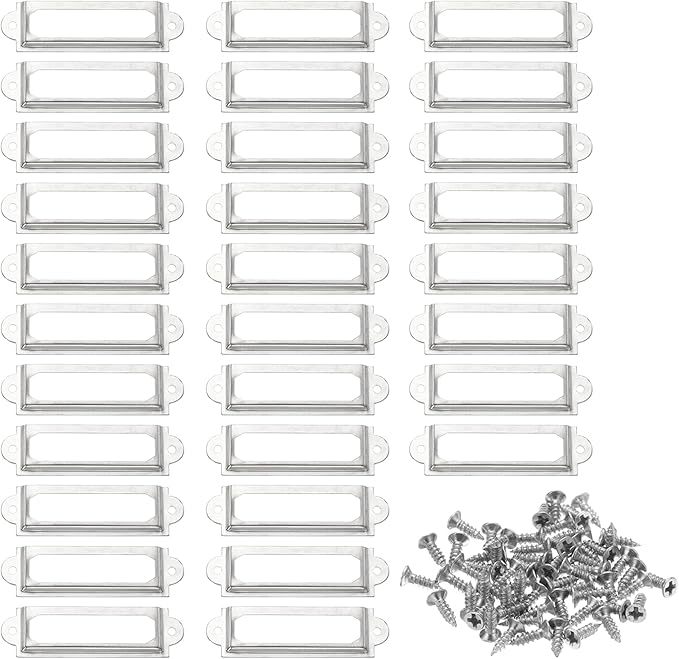 PATIKIL 60x17mm Metal Label Holders, 30 PCS Label Name Card Tag Frames with Screws for Office Library File Cabinets Shelves Wood Drawers Fabric Bins, White Nickel