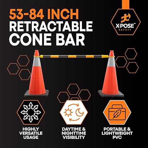 Retractable Barrier for Safety Traffic Cones - 2" OD - Large Yellow and Black Bar Barricade - for Road Construction, Parking, Warning, Temporary Security Divider (6, Yellow & Black, 53" x 84")