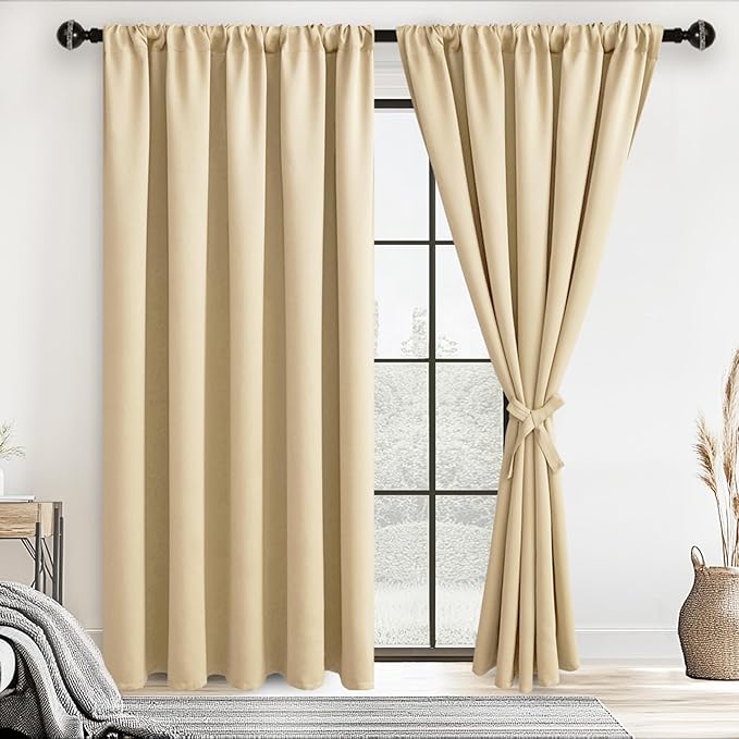 JIUZHEN Blackout Curtains for Bedroom - 60 Inch Extra Wide Thermal Insulated Room Darkening Privacy Soundproof Curtains for Living Room/Dorm Room, Set of 2 Panels, 60 x 72 inches,Light Beige