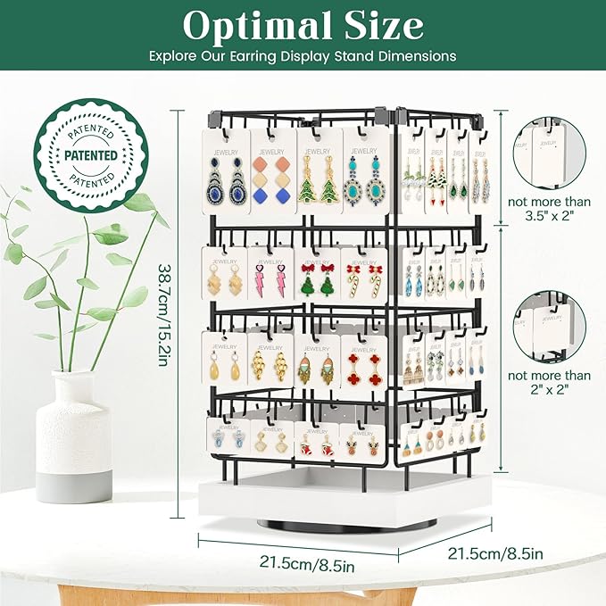 EsLuker.ly Rotating Earring Display Holder Stand for Vendors Events Selling, Large Capacity 64 Hooks Jewelry Rack with Wooden Base for Earring Card Sales, Enhances Retail Display Visibility